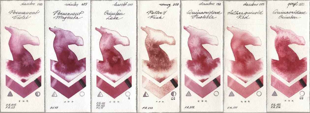 Daniel Smith 073 Permanent Violet, Winsor & Newton Professional 489 Permanent Magenta, Holbein Artists Watercolor 010 Crimson Lake, Roman Szmal Aquarius 359 Potters Pink, 132 Quinacridone Fuchsia, 005 Anthraquinoid Red, Golden QOR 260 Quinacridone Crims watercolor swatch