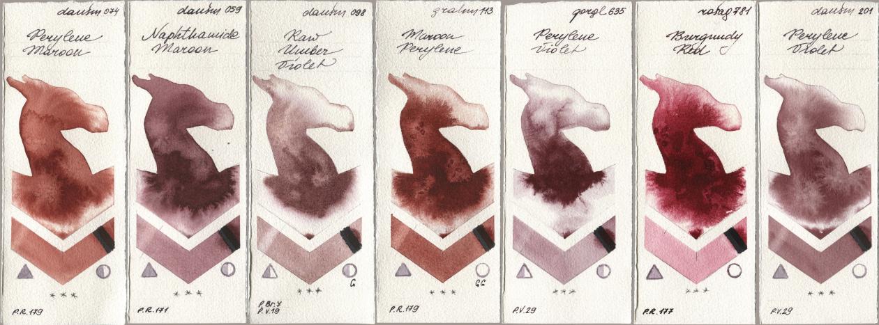 Daniel Smith 074 Perylene Maroon, 059 Naphthamide Maroon, 098 Raw Umber Violet, M. Graham & Co. Artists 113 Maroon Perylene, Golden QOR 635 Perylene Violet, Rosa Gallery 781 Burgundy Red, 201 Perylene Viol watercolor swatch