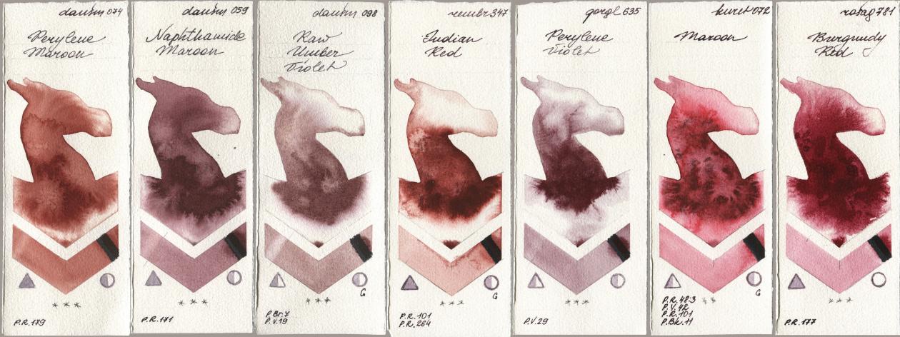 Daniel Smith 074 Perylene Maroon, 059 Naphthamide Maroon, 098 Raw Umber Violet, Royal Talens Rembrandt Watercolour 347 Indian Red, Golden QOR 635 Perylene Violet, Kuretake Gansai Tambi 072 Maroon, Rosa Gallery 781 Burgundy R watercolor swatch