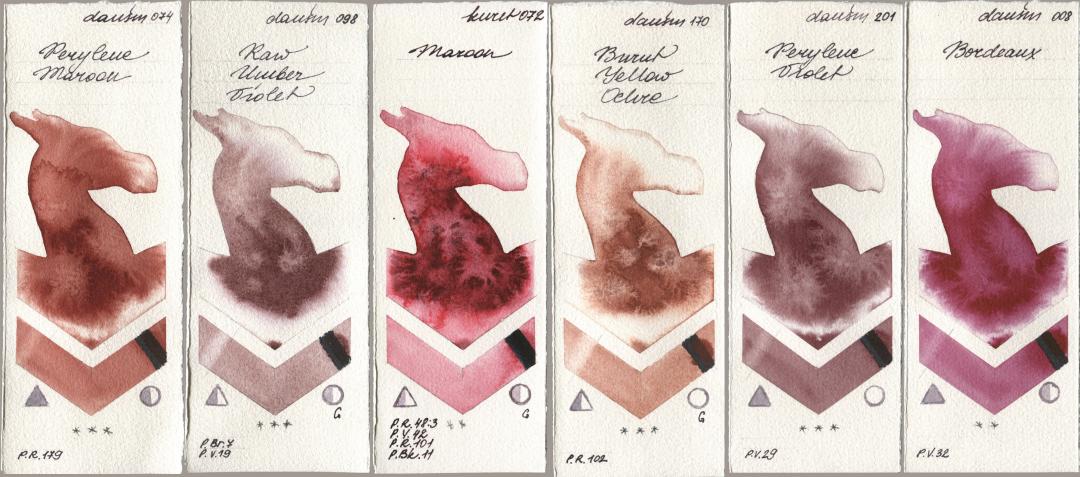 Daniel Smith 074 Perylene Maroon, 098 Raw Umber Violet, Kuretake Gansai Tambi 072 Maroon, 170 Burnt Yellow Ochre, 201 Perylene Violet, 008 Bordea watercolor swatch