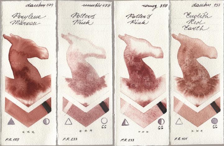 Daniel Smith 074 Perylene Maroon, Maimeri Blu 479 Potters Pink, Roman Szmal Aquarius 359 Potters Pink, 137 English Red Ear watercolor swatch