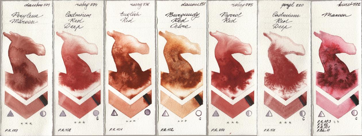 Daniel Smith 074 Perylene Maroon, Rosa Gallery 774 Cadmium Red Deep, 736 English Red, 151 Burgundy Red Ochre, 775 Pyrrole Red, Golden QOR 220 Cadmium Red Deep, Kuretake Gansai Tambi 072 Maro watercolor swatch