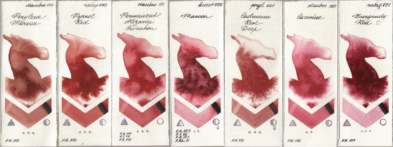 Daniel Smith 074 Perylene Maroon, Rosa Gallery 775 Pyrrole Red, 185 Permanent Alizarin Crimson, Kuretake Gansai Tambi 072 Maroon, Golden QOR 220 Cadmium Red Deep, 020 Carmine, 781 Burgundy R watercolor swatch