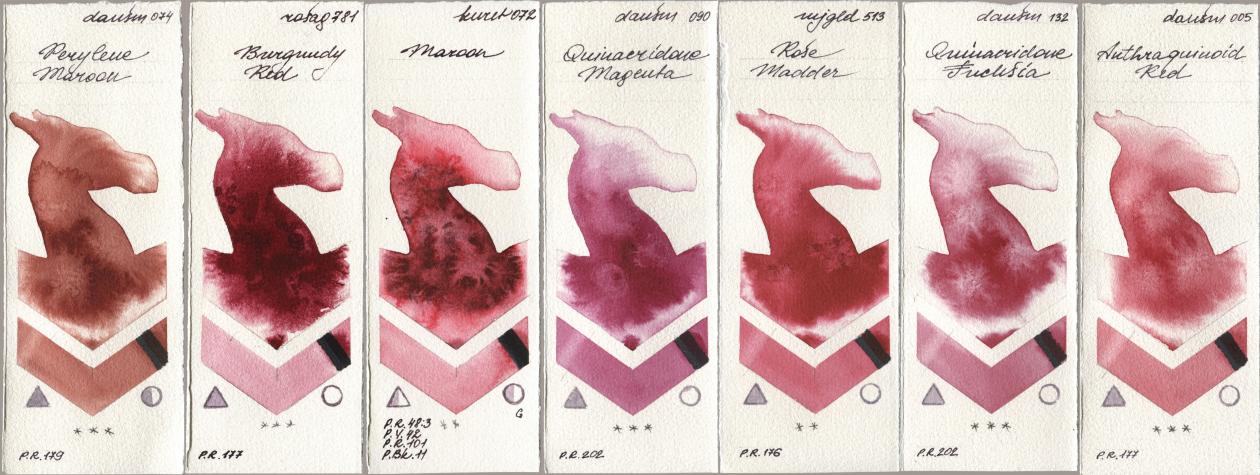 Daniel Smith 074 Perylene Maroon, Rosa Gallery 781 Burgundy Red, Kuretake Gansai Tambi 072 Maroon, 090 Quinacridone Magenta, Mijello Mission Gold 513 Rose Madder, 132 Quinacridone Fuchsia, 005 Anthraquinoid R watercolor swatch