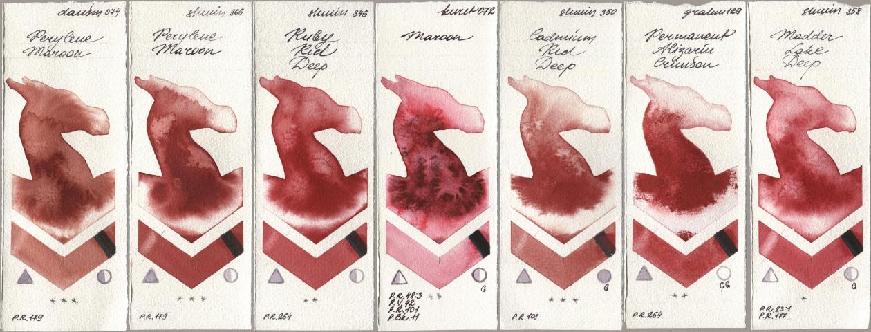 Daniel Smith 074 Perylene Maroon, Shminke Horadam Aquarell 366 Perylene Maroon, 346 Ruby Red Deep, Kuretake Gansai Tambi 072 Maroon, 350 Cadmium Red Deep, M. Graham & Co. Artists 129 Permanent Alizarin Crimson, 358 Madder Lake De watercolor swatch