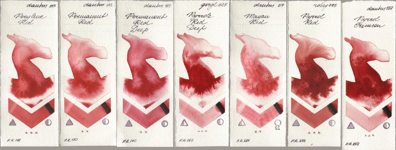 Daniel Smith 075 Perylene Red, 072 Permanent Red, 069 Permanent Red Deep, Golden QOR 225 Pyrrole Red Deep, 217 Mayan Red, Rosa Gallery 775 Pyrrole Red, 127 Pyrrol Crims watercolor swatch