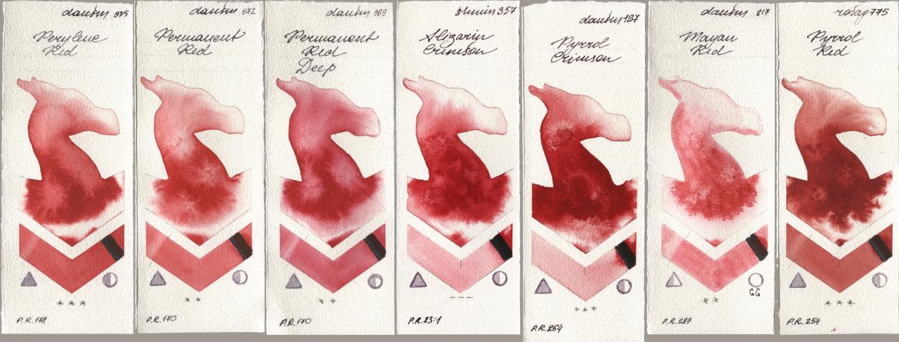 Daniel Smith 075 Perylene Red, 072 Permanent Red, 069 Permanent Red Deep, Shminke Horadam Aquarell 357 Alizarin Crimson, 127 Pyrrol Crimson, 217 Mayan Red, Rosa Gallery 775 Pyrrole R watercolor swatch