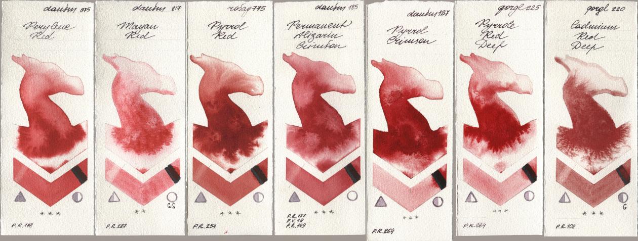 Daniel Smith 075 Perylene Red, 217 Mayan Red, Rosa Gallery 775 Pyrrole Red, 185 Permanent Alizarin Crimson, 127 Pyrrol Crimson, Golden QOR 225 Pyrrole Red Deep, 220 Cadmium Red De watercolor swatch