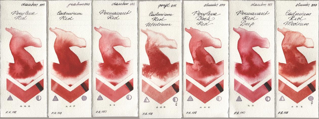 Daniel Smith 075 Perylene Red, M. Graham & Co. Artists 040 Cadmium Red, 072 Permanent Red, Golden QOR 215 Cadmium Red Medium, Shminke Horadam Aquarell 344 Perylene Dark Red, 069 Permanent Red Deep, 347 Cadmium Red Medi watercolor swatch