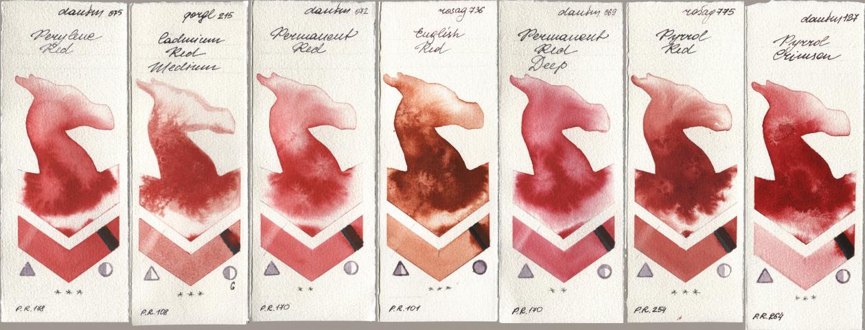 Daniel Smith 075 Perylene Red, Golden QOR 215 Cadmium Red Medium, 072 Permanent Red, Rosa Gallery 736 English Red, 069 Permanent Red Deep, 775 Pyrrole Red, 127 Pyrrol Crims watercolor swatch