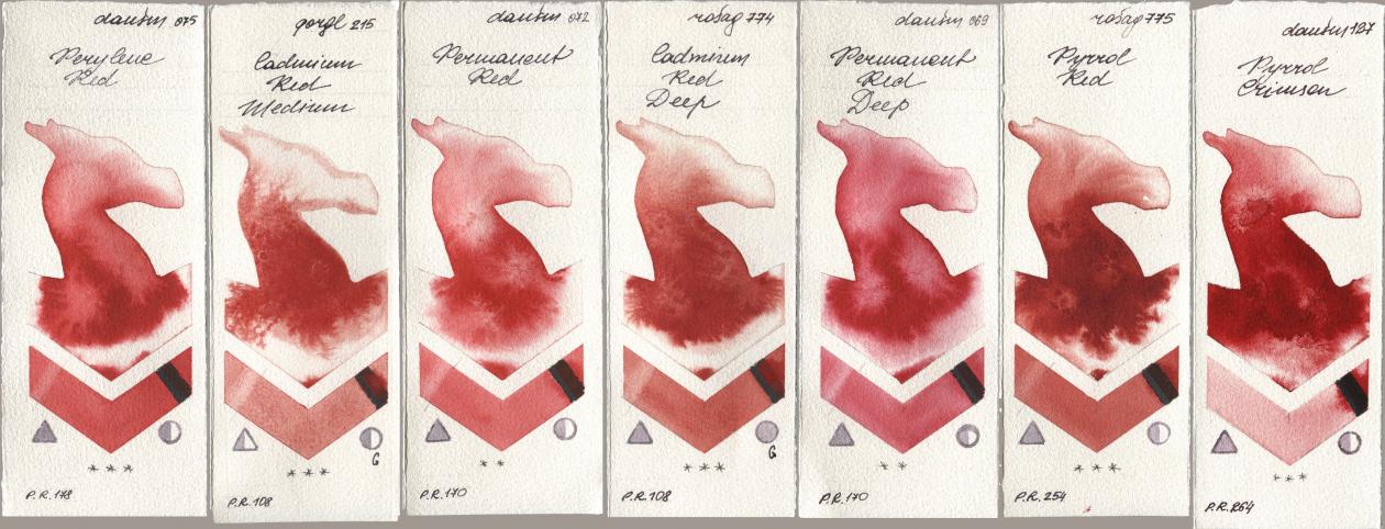 Daniel Smith 075 Perylene Red, Golden QOR 215 Cadmium Red Medium, 072 Permanent Red, Rosa Gallery 774 Cadmium Red Deep, 069 Permanent Red Deep, 775 Pyrrole Red, 127 Pyrrol Crims watercolor swatch