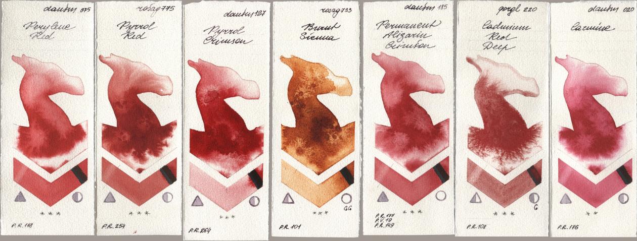 Daniel Smith 075 Perylene Red, Rosa Gallery 775 Pyrrole Red, 127 Pyrrol Crimson, 733 Burnt Sienna, 185 Permanent Alizarin Crimson, Golden QOR 220 Cadmium Red Deep, 020 Carmi watercolor swatch