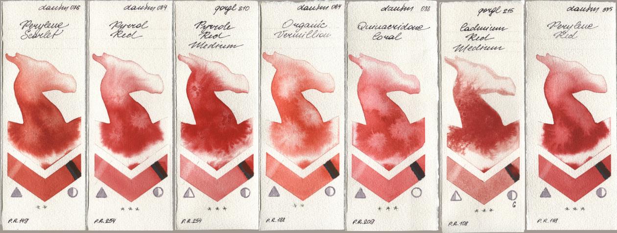 Daniel Smith 076 Perylene Scarlet, 084 Pyrrol Red, Golden QOR 210 Pyrrole Red Medium, 064 Organic Vermilion, 088 Quinacridone Coral, 215 Cadmium Red Medium, 075 Perylene R watercolor swatch