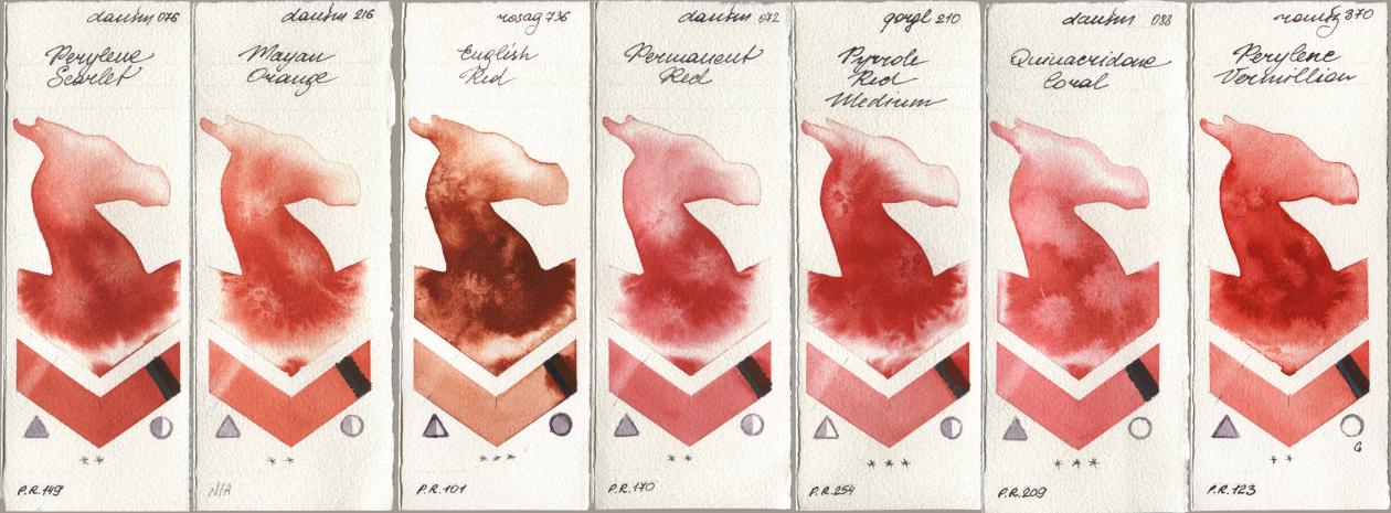 Daniel Smith 076 Perylene Scarlet, 216 Mayan Orange, Rosa Gallery 736 English Red, 072 Permanent Red, Golden QOR 210 Pyrrole Red Medium, 088 Quinacridone Coral, Roman Szmal Aquarius 370 Perylene Vermilli watercolor swatch
