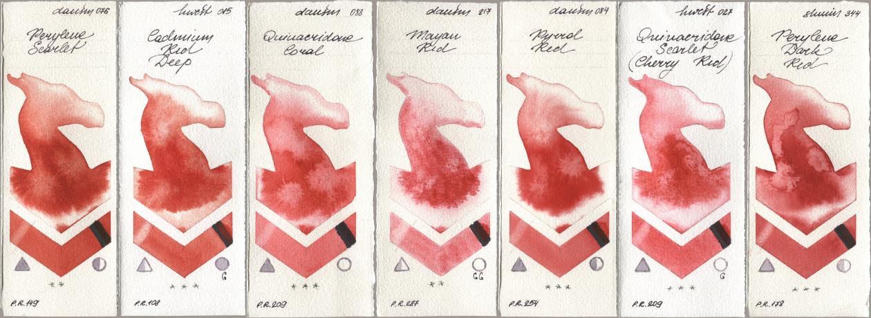 Daniel Smith 076 Perylene Scarlet, Holbein Artists Watercolor 015 Cadmium Red Deep, 088 Quinacridone Coral, 217 Mayan Red, 084 Pyrrol Red, 027 Quinacridone Scarlet (Cherry Red), Shminke Horadam Aquarell 344 Perylene Dark R watercolor swatch