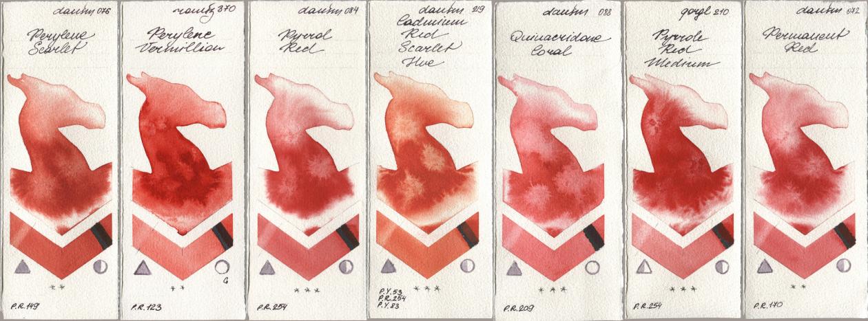 Daniel Smith 076 Perylene Scarlet, Roman Szmal Aquarius 370 Perylene Vermillion, 084 Pyrrol Red, 219 Cadmium Red Scarlet Hue, 088 Quinacridone Coral, Golden QOR 210 Pyrrole Red Medium, 072 Permanent R watercolor swatch
