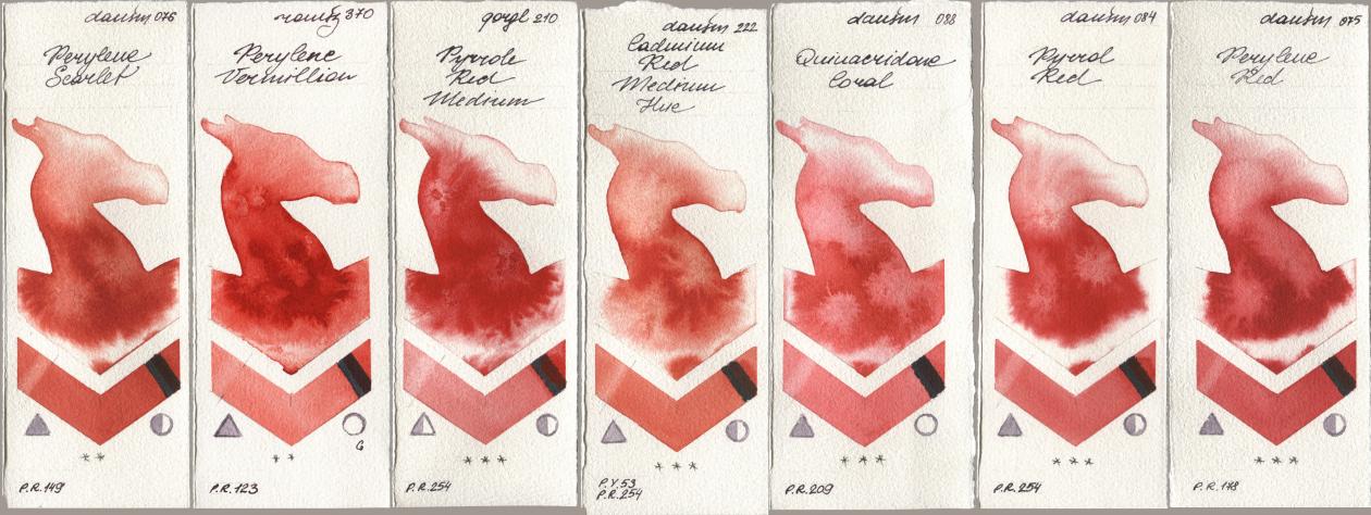 Daniel Smith 076 Perylene Scarlet, Roman Szmal Aquarius 370 Perylene Vermillion, Golden QOR 210 Pyrrole Red Medium, 222 Cadmium Red Medium Hue, 088 Quinacridone Coral, 084 Pyrrol Red, 075 Perylene R watercolor swatch