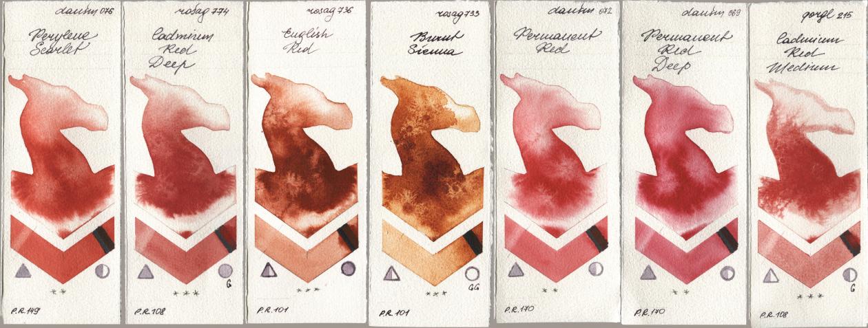 Daniel Smith 076 Perylene Scarlet, Rosa Gallery 774 Cadmium Red Deep, 736 English Red, 733 Burnt Sienna, 072 Permanent Red, 069 Permanent Red Deep, Golden QOR 215 Cadmium Red Medi watercolor swatch