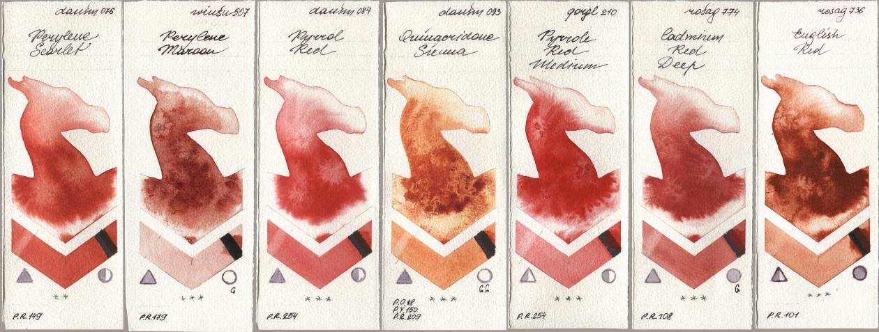 Daniel Smith 076 Perylene Scarlet, Winsor & Newton Professional 507 Perylene Maroon, 084 Pyrrol Red, 093 Quinacridone Sienna, Golden QOR 210 Pyrrole Red Medium, Rosa Gallery 774 Cadmium Red Deep, 736 English R watercolor swatch