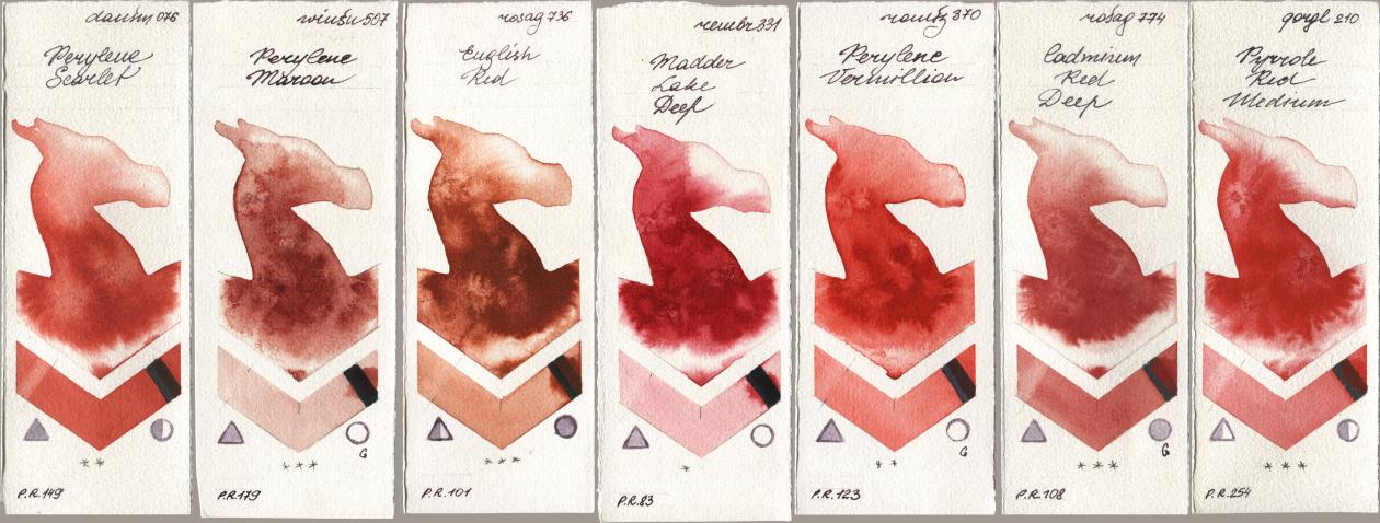 Daniel Smith 076 Perylene Scarlet, Winsor & Newton Professional 507 Perylene Maroon, Rosa Gallery 736 English Red, Royal Talens Rembrandt Watercolour 331 Madder Lake Deep, Roman Szmal Aquarius 370 Perylene Vermillion, 774 Cadmium Red Deep, Golden QOR 210 Pyrrole Red Medi watercolor swatch