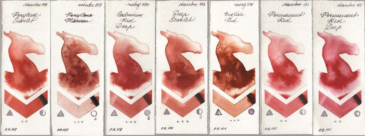 Daniel Smith 076 Perylene Scarlet, Winsor & Newton Professional 507 Perylene Maroon, Rosa Gallery 774 Cadmium Red Deep, 033 Deep Scarlet, 736 English Red, 072 Permanent Red, 069 Permanent Red De watercolor swatch