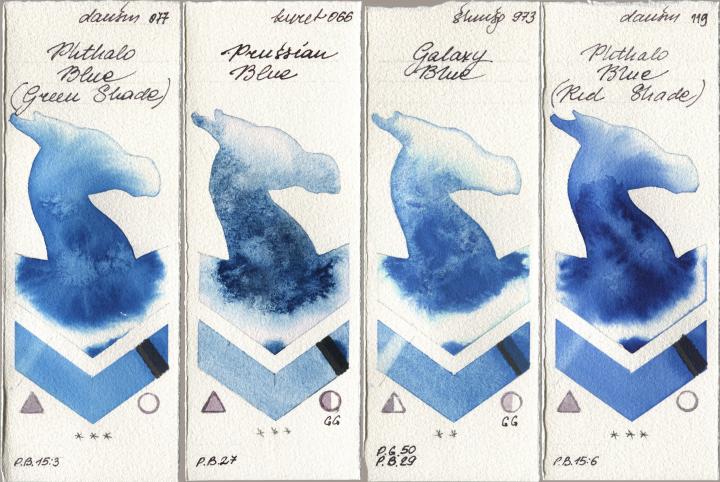 Daniel Smith 077 Phthalo Blue (Green Shade), Kuretake Gansai Tambi 066 Prussian Blue, Shminke Horadam Aquarell 973 Galaxy Blue, 119 Phthalo Blue (Red Shad watercolor swatch