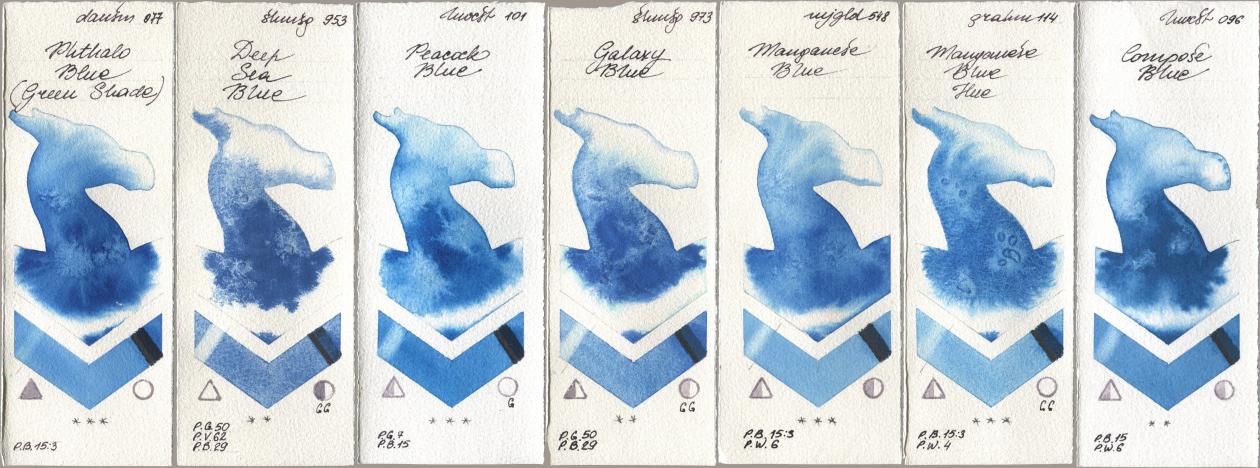 Daniel Smith 077 Phthalo Blue (Green Shade), Shminke Horadam Aquarell 953 Deep Sea Blue, Holbein Artists Watercolor 101 Peacock Blue, 973 Galaxy Blue, Mijello Mission Gold 548 Manganese Blue, M. Graham & Co. Artists 114 Manganese Blue Hue, 096 Compose Bl watercolor swatch