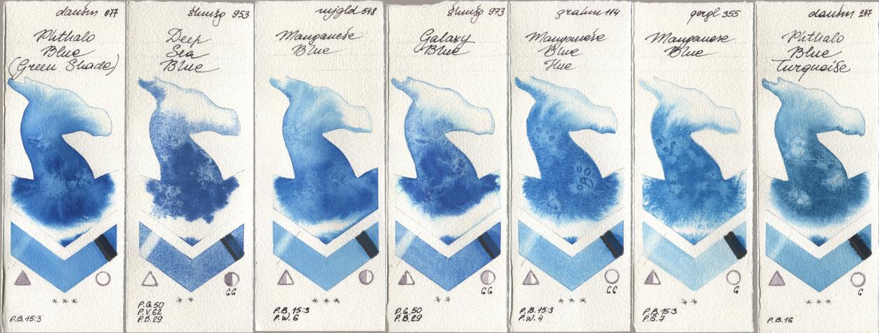 Daniel Smith 077 Phthalo Blue (Green Shade), Shminke Horadam Aquarell 953 Deep Sea Blue, Mijello Mission Gold 548 Manganese Blue, 973 Galaxy Blue, M. Graham & Co. Artists 114 Manganese Blue Hue, Golden QOR 355 Manganese Blue, 247 Phthalo Blue Turquoi watercolor swatch