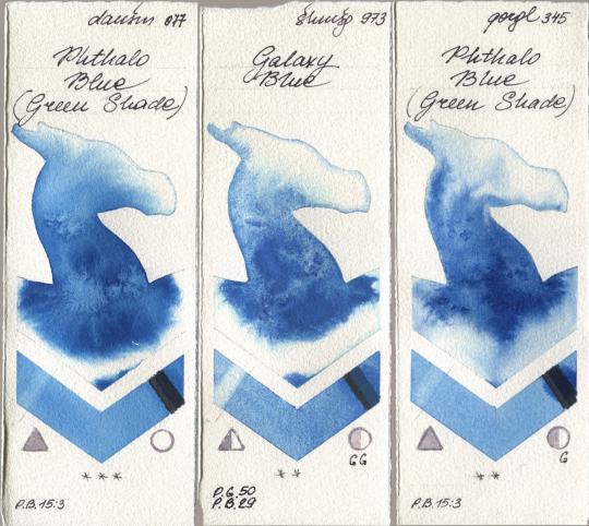 Daniel Smith 077 Phthalo Blue (Green Shade), Shminke Horadam Aquarell 973 Galaxy Blue, Golden QOR 345 Phthalo Blue (Green Shad watercolor swatch