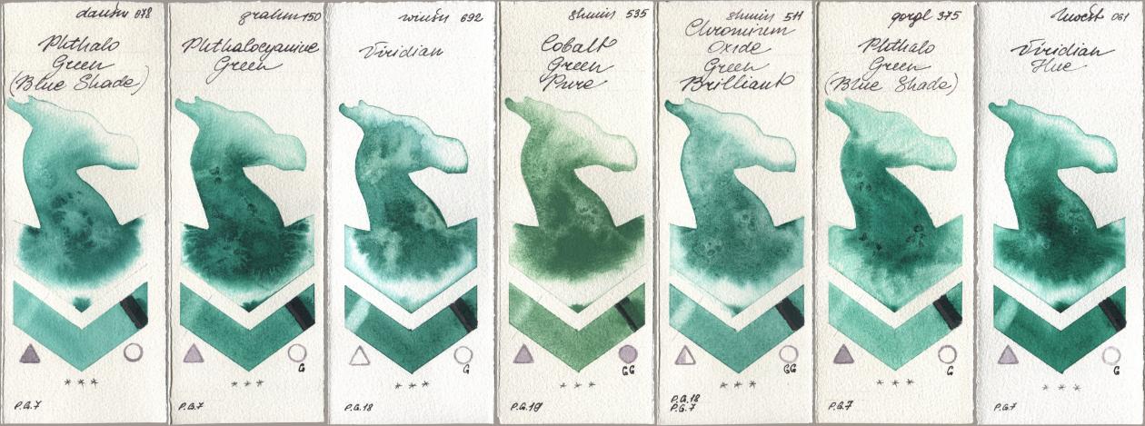 Daniel Smith 078 Phthalo Green (Blue Shade), M. Graham & Co. Artists 150 Phthalocyanine Green, Winsor & Newton Professional 692 Viridian, Shminke Horadam Aquarell 535 Cobalt Green Pure, 511 Chromium Oxide Green Brilliant, Golden QOR 375 Phthalo Green (Blue Shade), Holbein Artists Watercolor 061 Virdian H watercolor swatch