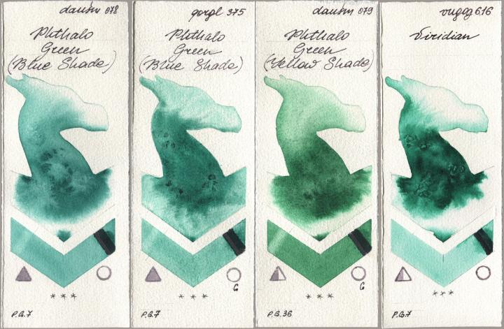 Daniel Smith 078 Phthalo Green (Blue Shade), Golden QOR 375 Phthalo Green (Blue Shade), 079 Phthalo Green (Yellow Shade), Royal Talens Van Gogh Watercolour 616 Viridi watercolor swatch