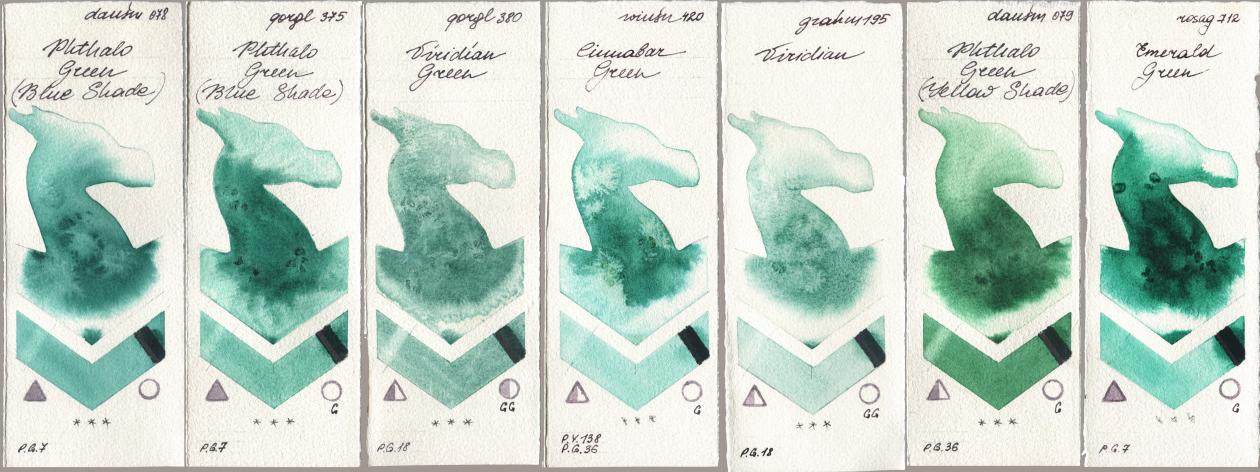 Daniel Smith 078 Phthalo Green (Blue Shade), Golden QOR 375 Phthalo Green (Blue Shade), 380 Viridian Green, Winsor & Newton Professional 420 Cinnabar Green, M. Graham & Co. Artists 195 Viridian, 079 Phthalo Green (Yellow Shade), Rosa Gallery 712 Emerald Gre watercolor swatch