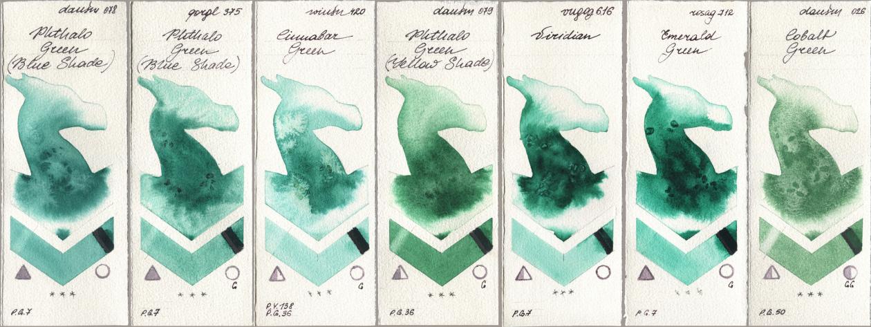 Daniel Smith 078 Phthalo Green (Blue Shade), Golden QOR 375 Phthalo Green (Blue Shade), Winsor & Newton Professional 420 Cinnabar Green, 079 Phthalo Green (Yellow Shade), Royal Talens Van Gogh Watercolour 616 Viridian, Rosa Gallery 712 Emerald Green, 026 Cobalt Gre watercolor swatch