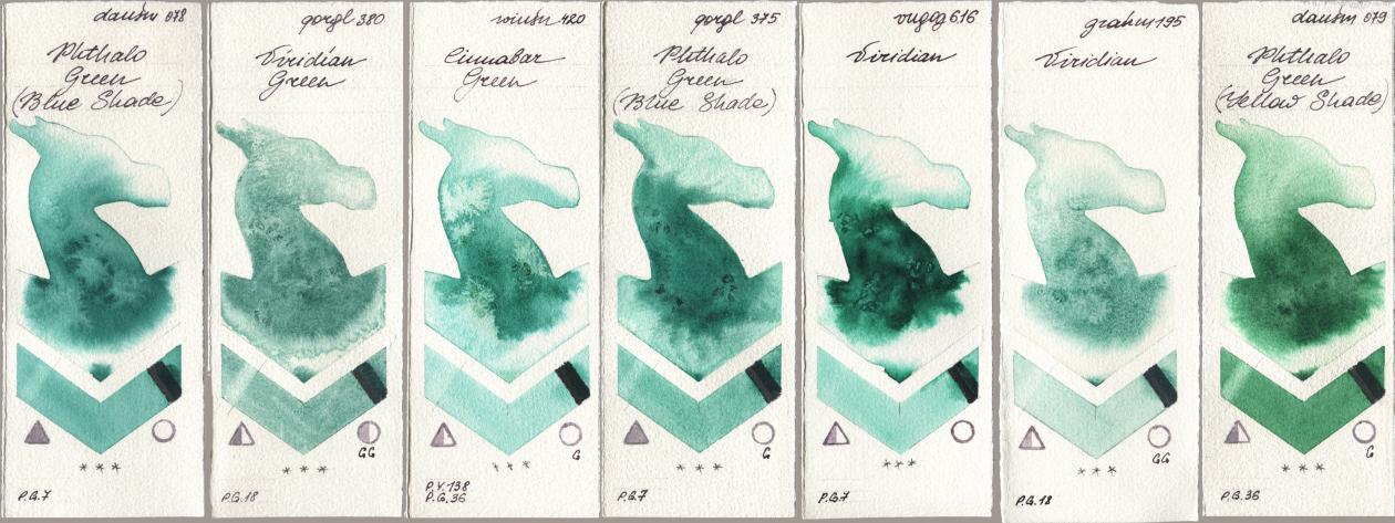 Daniel Smith 078 Phthalo Green (Blue Shade), Golden QOR 380 Viridian Green, Winsor & Newton Professional 420 Cinnabar Green, 375 Phthalo Green (Blue Shade), Royal Talens Van Gogh Watercolour 616 Viridian, M. Graham & Co. Artists 195 Viridian, 079 Phthalo Green (Yellow Shad watercolor swatch
