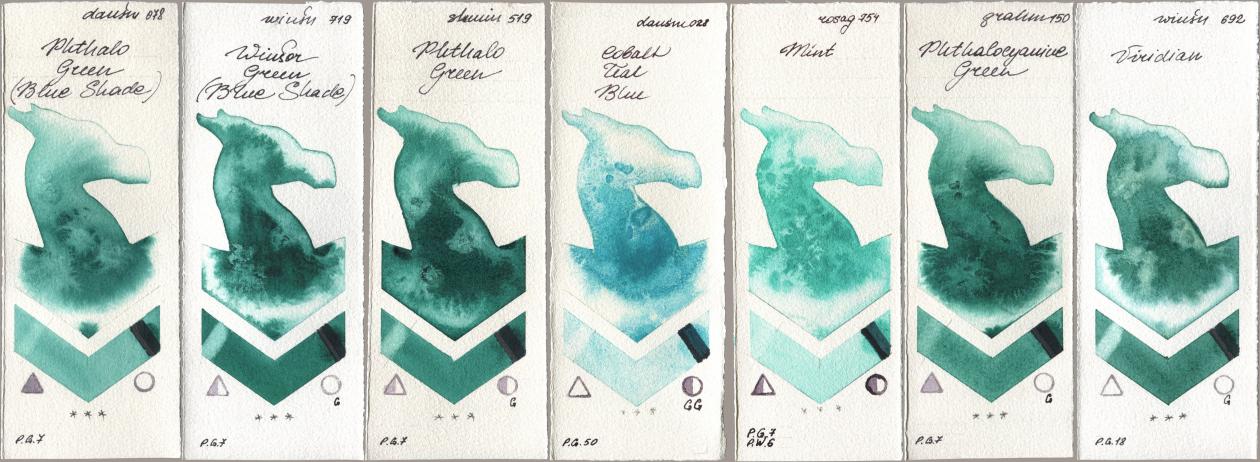 Daniel Smith 078 Phthalo Green (Blue Shade), Winsor & Newton Professional 719 Winsor Green (Blue Shade), Shminke Horadam Aquarell 519 Phthalo Green, 028 Cobalt Teal Blue, Rosa Gallery 754 Mint, M. Graham & Co. Artists 150 Phthalocyanine Green, 692 Viridi watercolor swatch