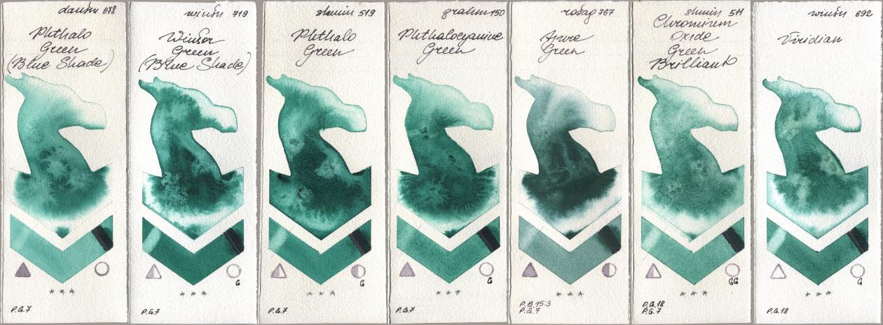 Daniel Smith 078 Phthalo Green (Blue Shade), Winsor & Newton Professional 719 Winsor Green (Blue Shade), Shminke Horadam Aquarell 519 Phthalo Green, M. Graham & Co. Artists 150 Phthalocyanine Green, Rosa Gallery 767 Azure Green, 511 Chromium Oxide Green Brilliant, 692 Viridi watercolor swatch