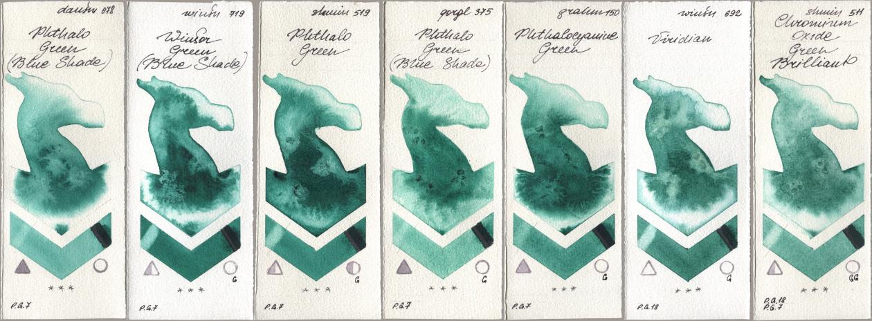 Daniel Smith 078 Phthalo Green (Blue Shade), Winsor & Newton Professional 719 Winsor Green (Blue Shade), Shminke Horadam Aquarell 519 Phthalo Green, Golden QOR 375 Phthalo Green (Blue Shade), M. Graham & Co. Artists 150 Phthalocyanine Green, 692 Viridian, 511 Chromium Oxide Green Brillia watercolor swatch