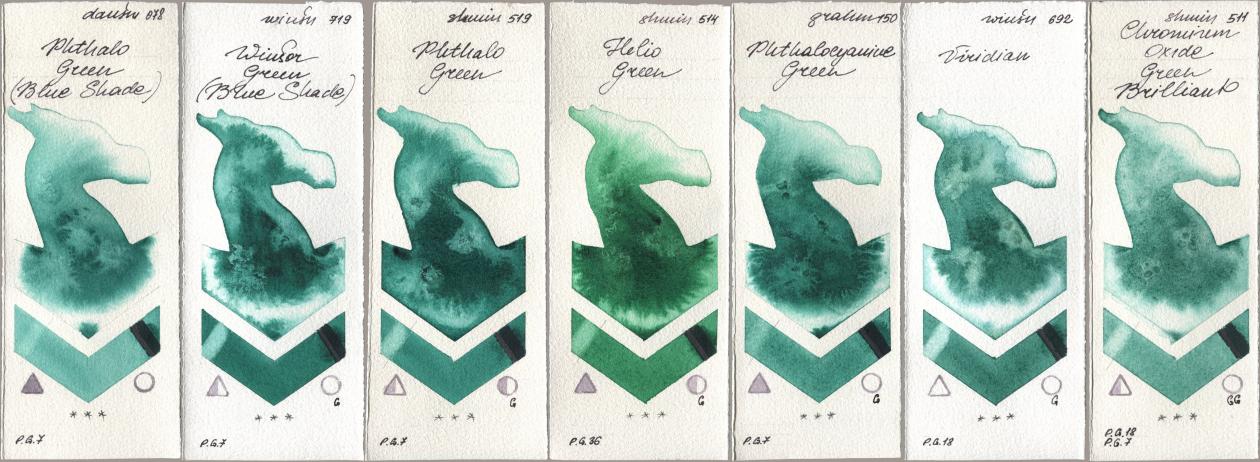 Daniel Smith 078 Phthalo Green (Blue Shade), Winsor & Newton Professional 719 Winsor Green (Blue Shade), Shminke Horadam Aquarell 519 Phthalo Green, 514 Helio Green, M. Graham & Co. Artists 150 Phthalocyanine Green, 692 Viridian, 511 Chromium Oxide Green Brillia watercolor swatch