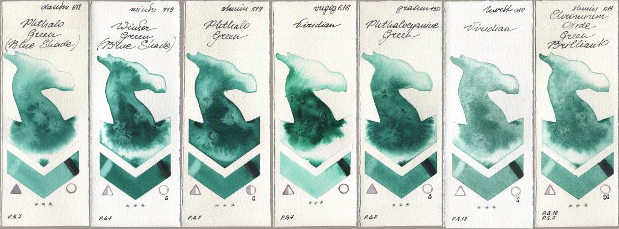 Daniel Smith 078 Phthalo Green (Blue Shade), Winsor & Newton Professional 719 Winsor Green (Blue Shade), Shminke Horadam Aquarell 519 Phthalo Green, Royal Talens Van Gogh Watercolour 616 Viridian, M. Graham & Co. Artists 150 Phthalocyanine Green, Holbein Artists Watercolor 060 Viridian, 511 Chromium Oxide Green Brillia watercolor swatch
