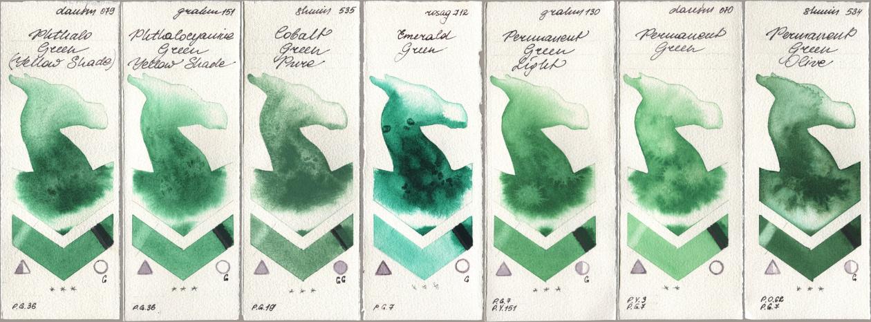 Daniel Smith 079 Phthalo Green (Yellow Shade), M. Graham & Co. Artists 151 Phthalocyanine Green Yellow Shade, Shminke Horadam Aquarell 535 Cobalt Green Pure, Rosa Gallery 712 Emerald Green, 130 Permanent Green Light, 070 Permanent Green, 534 Permanent Green Oli watercolor swatch