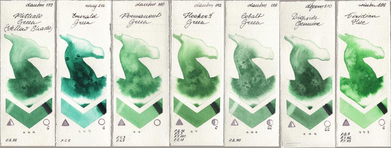 Daniel Smith 079 Phthalo Green (Yellow Shade), Rosa Gallery 712 Emerald Green, 070 Permanent Green, 042 Hookers Green, 026 Cobalt Green, 210 Diopside Genuine, Winsor & Newton Professional 696 Viridian H watercolor swatch
