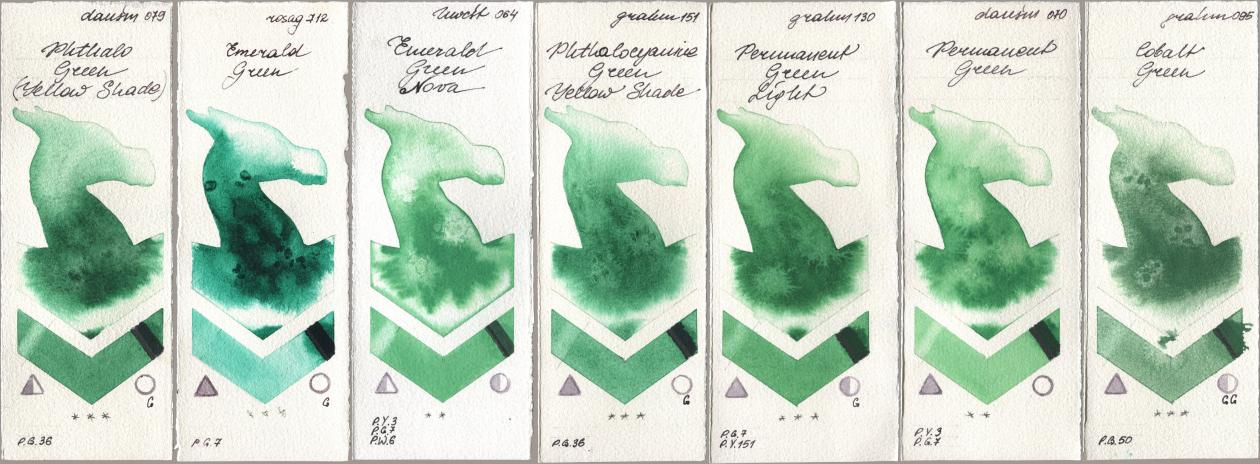 Daniel Smith 079 Phthalo Green (Yellow Shade), Rosa Gallery 712 Emerald Green, Holbein Artists Watercolor 064 Emerald Green Nova, M. Graham & Co. Artists 151 Phthalocyanine Green Yellow Shade, 130 Permanent Green Light, 070 Permanent Green, 095 Cobalt Gre watercolor swatch