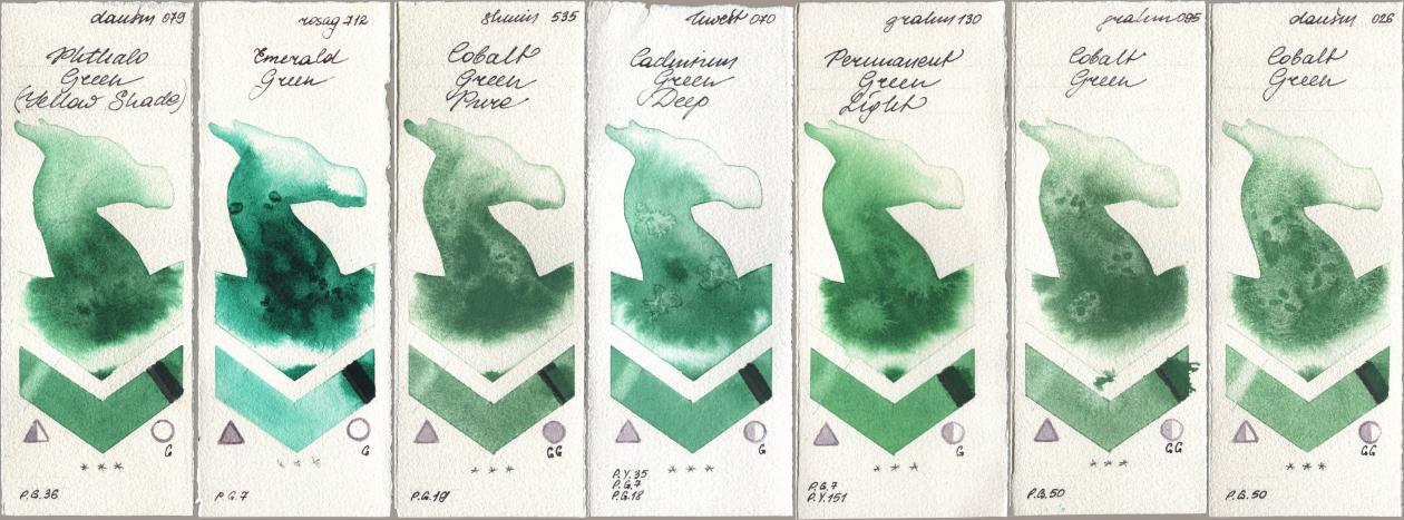 Daniel Smith 079 Phthalo Green (Yellow Shade), Rosa Gallery 712 Emerald Green, Shminke Horadam Aquarell 535 Cobalt Green Pure, Holbein Artists Watercolor 070 Cadmium Green Deep, M. Graham & Co. Artists 130 Permanent Green Light, 095 Cobalt Green, 026 Cobalt Gre watercolor swatch