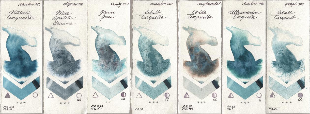 Daniel Smith 080 Phthalo Turquoise, 196 Blue Apatite Genuine, Shminke Horadam Aquarell 963 Glacier Green, 029 Cobalt Turquoise, Mijello Mission Gold 827 Oxide Turquoise, 105 Ultramarine Turquoise, Golden QOR 370 Cobalt Turquoi watercolor swatch