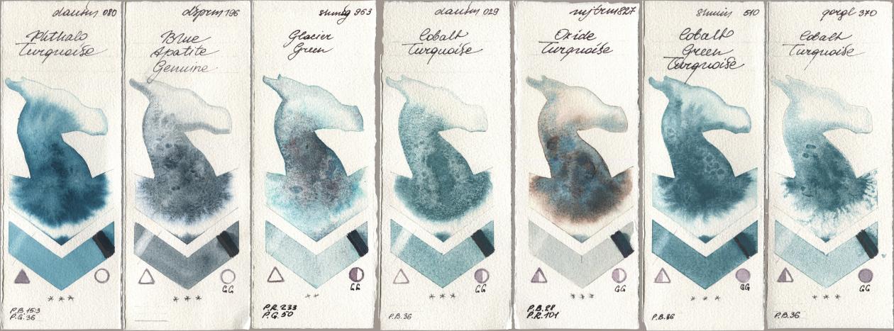 Daniel Smith 080 Phthalo Turquoise, 196 Blue Apatite Genuine, Shminke Horadam Aquarell 963 Glacier Green, 029 Cobalt Turquoise, Mijello Mission Gold 827 Oxide Turquoise, 510 Cobalt Green Turquoise, Golden QOR 370 Cobalt Turquoi watercolor swatch