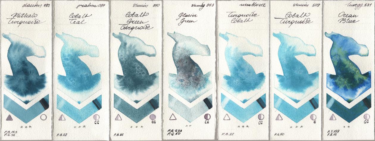Daniel Smith 080 Phthalo Turquoise, M. Graham & Co. Artists 097 Cobalt Teal, Shminke Horadam Aquarell 510 Cobalt Green Turquoise, 963 Glacier Green, Maimeri Blu 412 Turquoise Cobalt, 509 Cobalt Turquoise, Holbein Artists Watercolor 531 Ocean Bl watercolor swatch