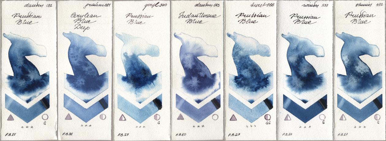 Daniel Smith 082 Prussian Blue, M. Graham & Co. Artists 081 Cerulean Blue Deep, Golden QOR 340 Prussian Blue, 043 Indanthrone Blue, Kuretake Gansai Tambi 066 Prussian Blue, Winsor & Newton Professional 538 Prussian Blue, Shminke Horadam Aquarell 492 Prussian Bl watercolor swatch