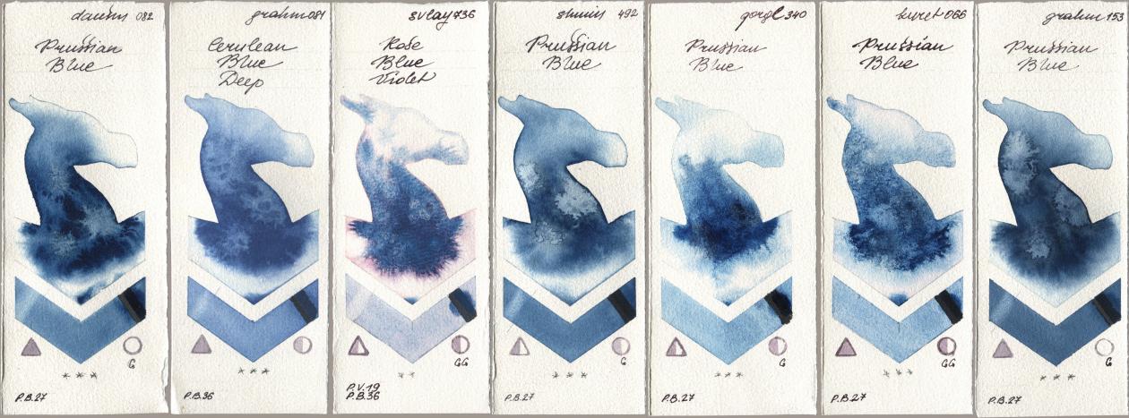 Daniel Smith 082 Prussian Blue, M. Graham & Co. Artists 081 Cerulean Blue Deep, SuperVision 736 Rose Blue Violet, Shminke Horadam Aquarell 492 Prussian Blue, Golden QOR 340 Prussian Blue, Kuretake Gansai Tambi 066 Prussian Blue, 153 Prussian Bl watercolor swatch