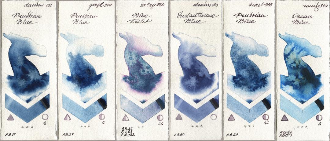 Daniel Smith 082 Prussian Blue, Golden QOR 340 Prussian Blue, SuperVision 742 Blue Violet, 043 Indanthrone Blue, Kuretake Gansai Tambi 066 Prussian Blue, Roman Szmal Aquarius 344 Ocean Bl watercolor swatch