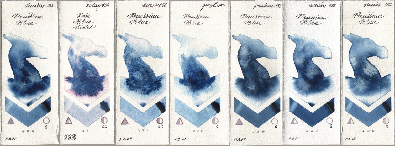 Daniel Smith 082 Prussian Blue, SuperVision 736 Rose Blue Violet, Kuretake Gansai Tambi 066 Prussian Blue, Golden QOR 340 Prussian Blue, M. Graham & Co. Artists 153 Prussian Blue, Winsor & Newton Professional 538 Prussian Blue, Shminke Horadam Aquarell 492 Prussian Bl watercolor swatch